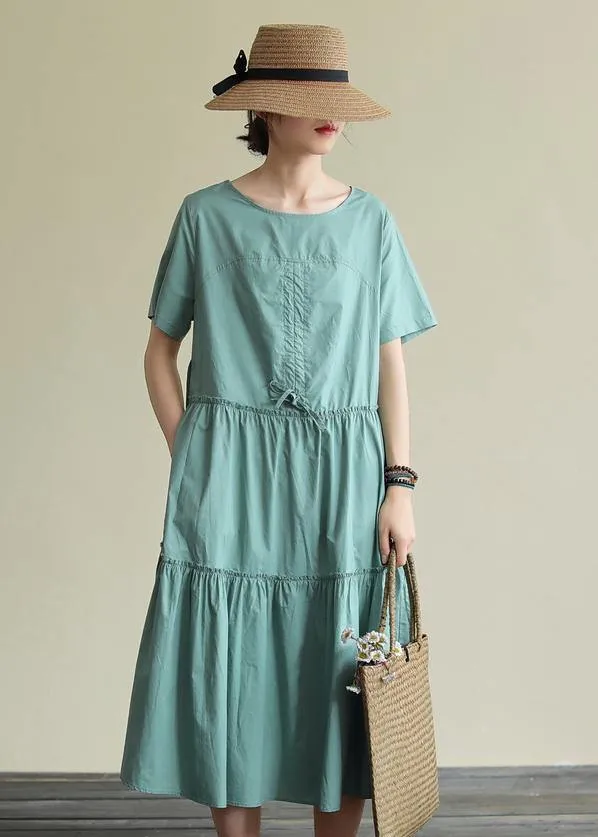 100% o neck drawstring cotton summerdresses Fabrics green Art Dresses