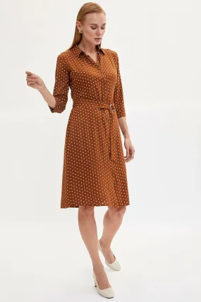13017 Brown Polka Dot Tie Waist Shirt Dress
