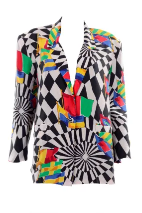 1980s Carol Horn Black & White Checked Silk Flag Print Blazer
