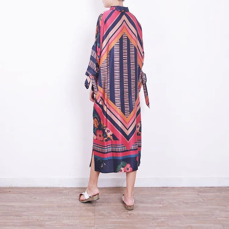 2018 red blue prints chiffon dress oversize chiffon clothing dress women side open tie bracelet sleeved chiffon dresses