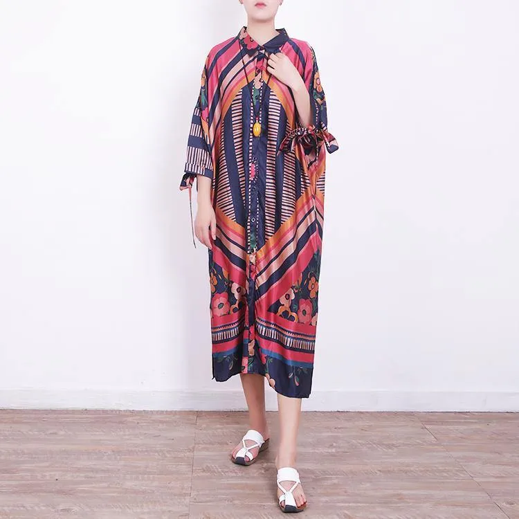 2018 red blue prints chiffon dress oversize chiffon clothing dress women side open tie bracelet sleeved chiffon dresses