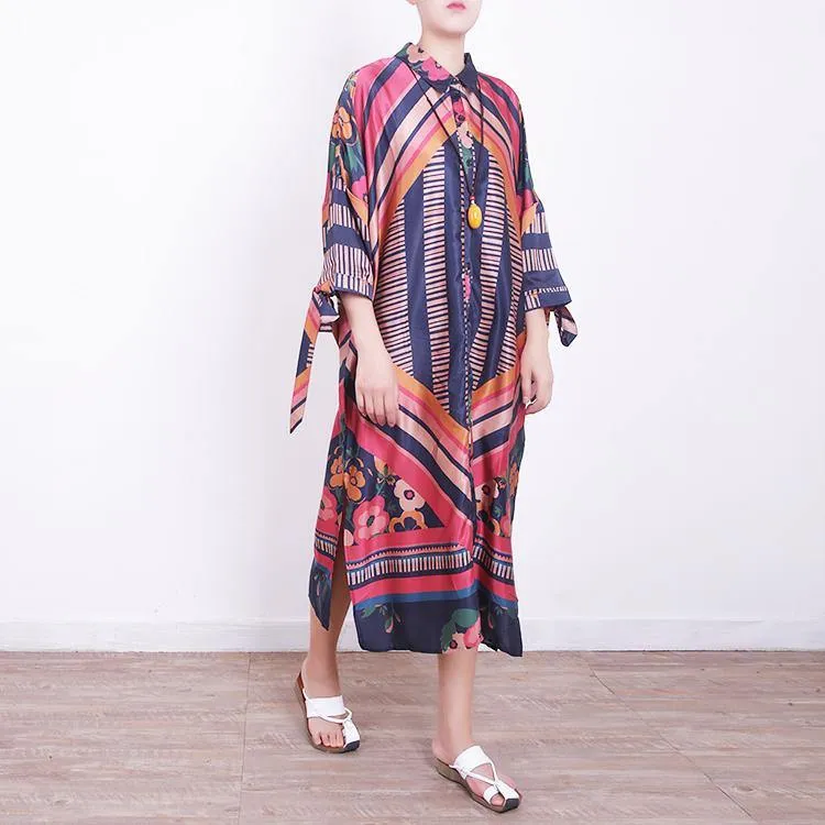 2018 red blue prints chiffon dress oversize chiffon clothing dress women side open tie bracelet sleeved chiffon dresses