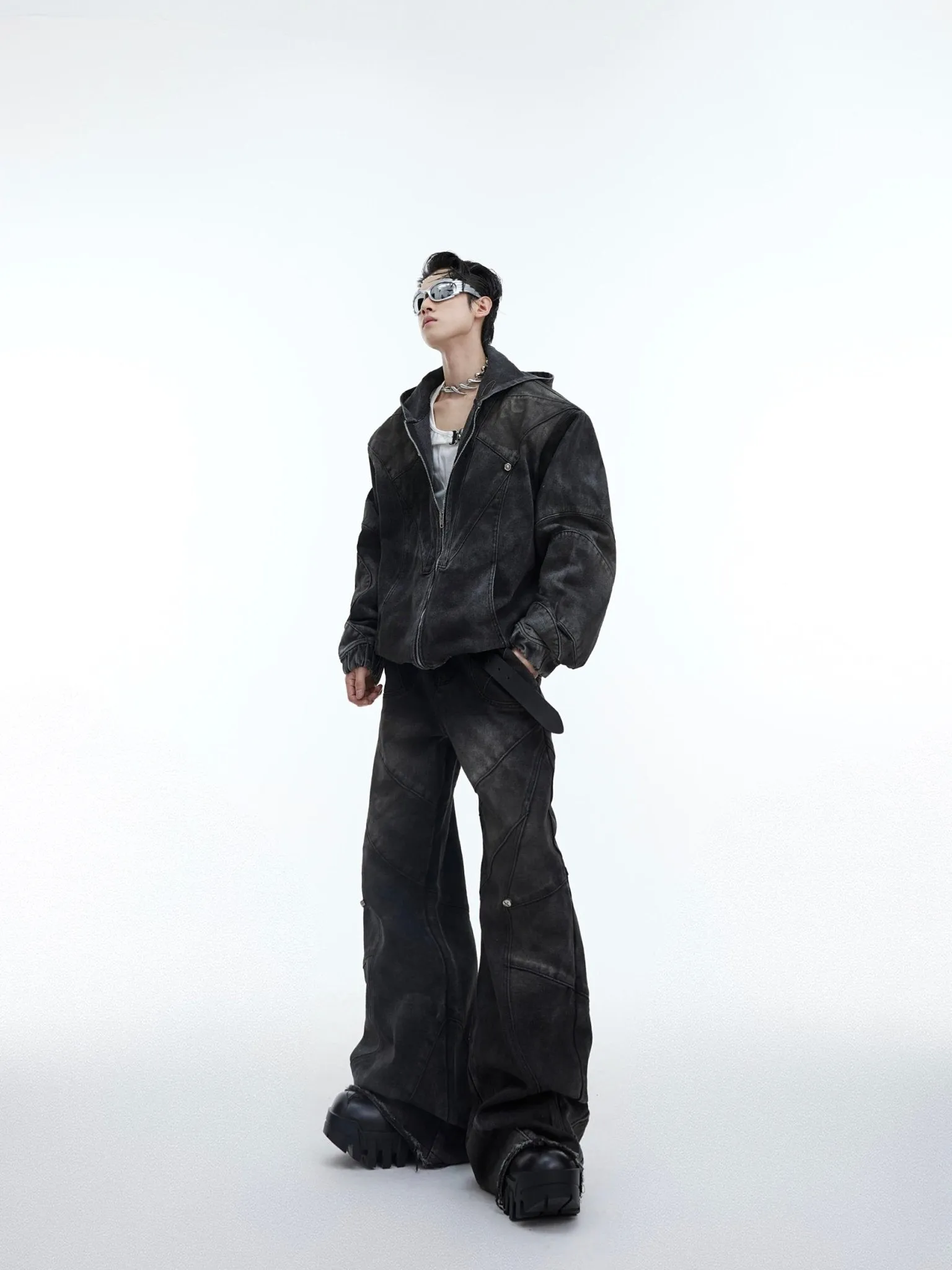 Aged Hooded Denim Jacket Set | Metal Embellished Distressed Jeans