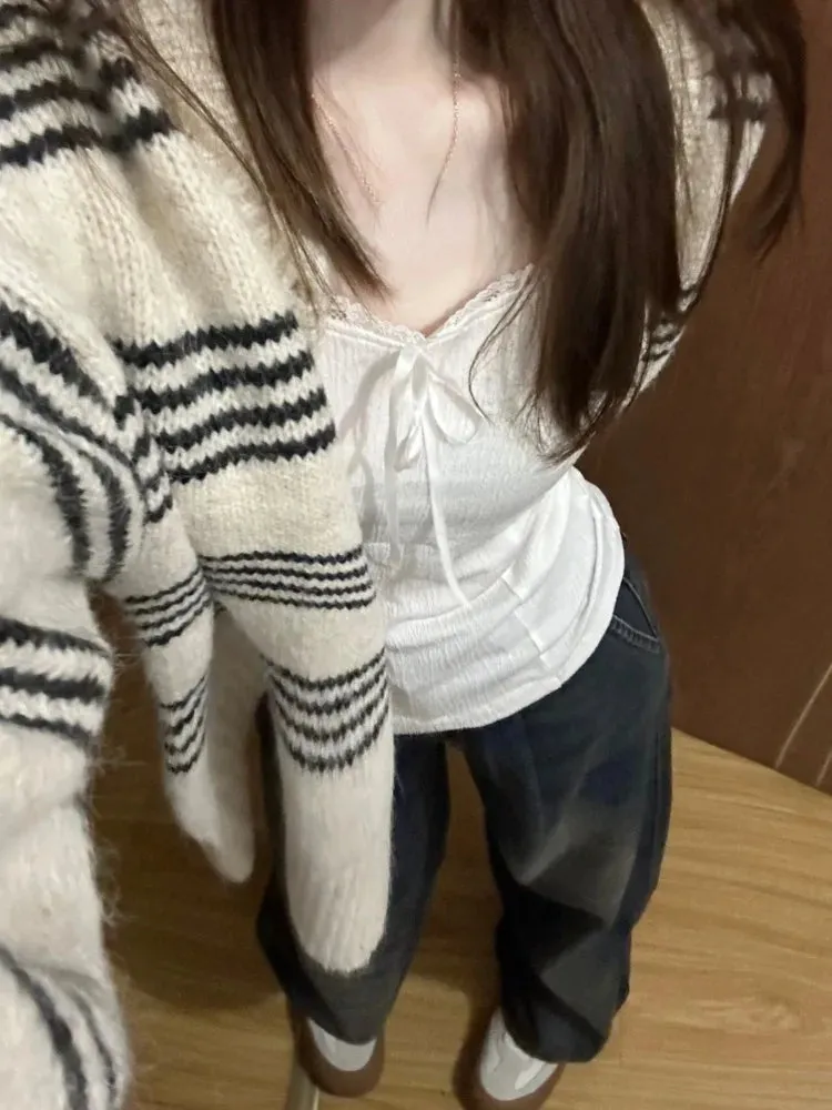 Aiertu Patchwork Contrast Color Striped Knitted Cardigans Women Y2k Aesthetic Single Breasted Coats New Streetwear Casual Loose Sweater