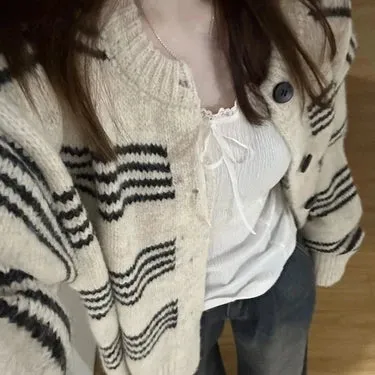 Aiertu Patchwork Contrast Color Striped Knitted Cardigans Women Y2k Aesthetic Single Breasted Coats New Streetwear Casual Loose Sweater