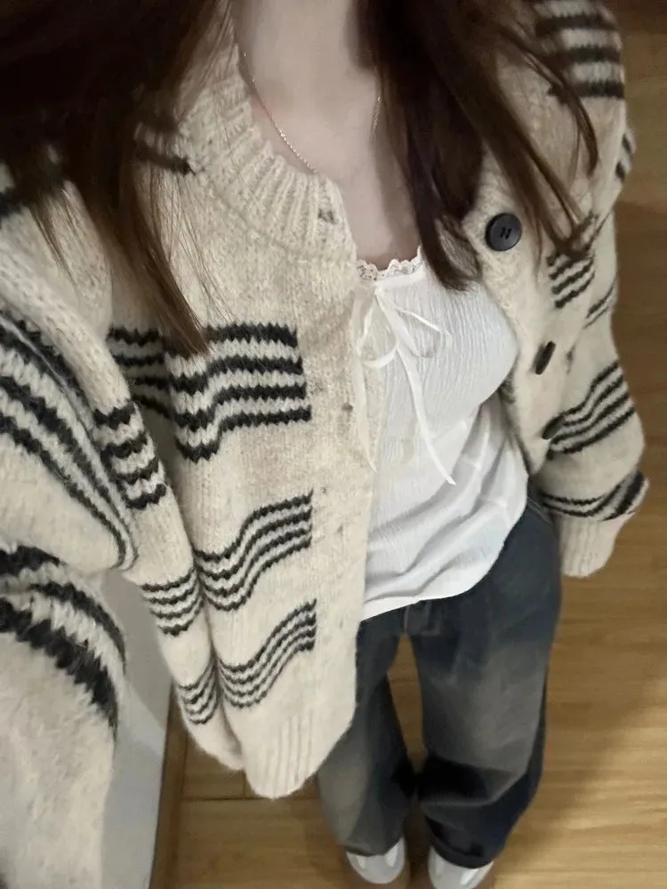 Aiertu Patchwork Contrast Color Striped Knitted Cardigans Women Y2k Aesthetic Single Breasted Coats New Streetwear Casual Loose Sweater