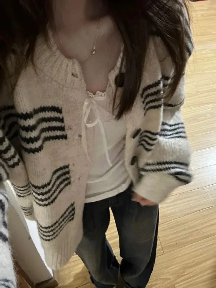 Aiertu Patchwork Contrast Color Striped Knitted Cardigans Women Y2k Aesthetic Single Breasted Coats New Streetwear Casual Loose Sweater