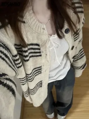 Aiertu Patchwork Contrast Color Striped Knitted Cardigans Women Y2k Aesthetic Single Breasted Coats New Streetwear Casual Loose Sweater
