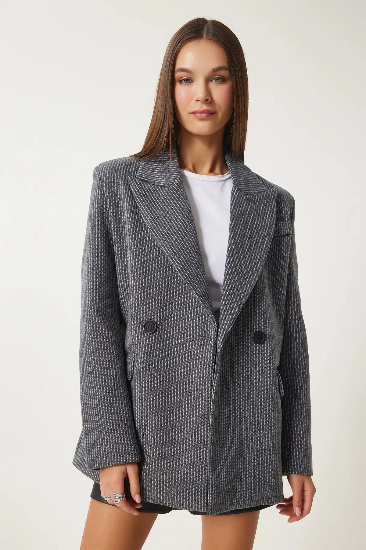 Anthracite Striped Blazer Cashmere Blazer Jacket