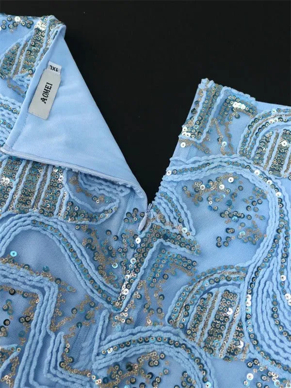 AOMEI V Neck Blue Lace Sequin Dress Mini