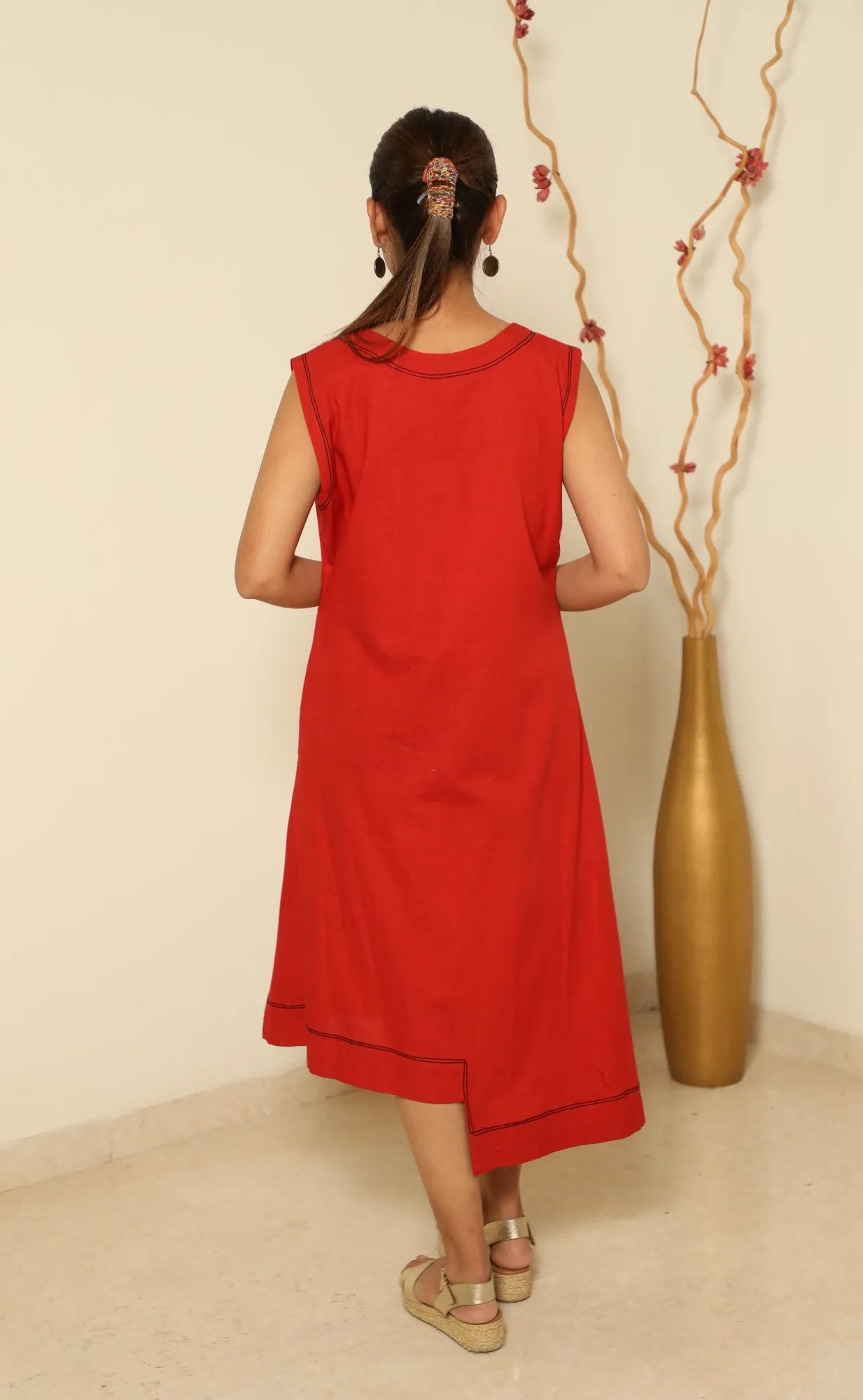 Asymmetric Hem Dress-Red