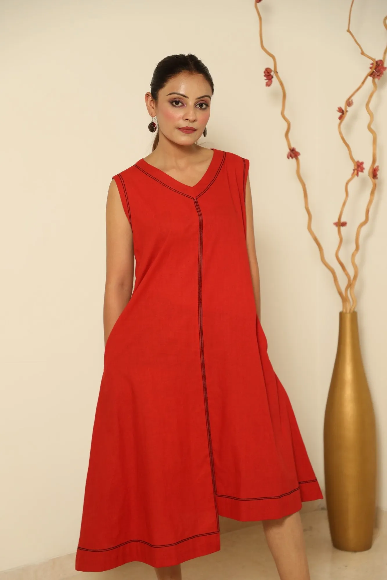 Asymmetric Hem Dress-Red