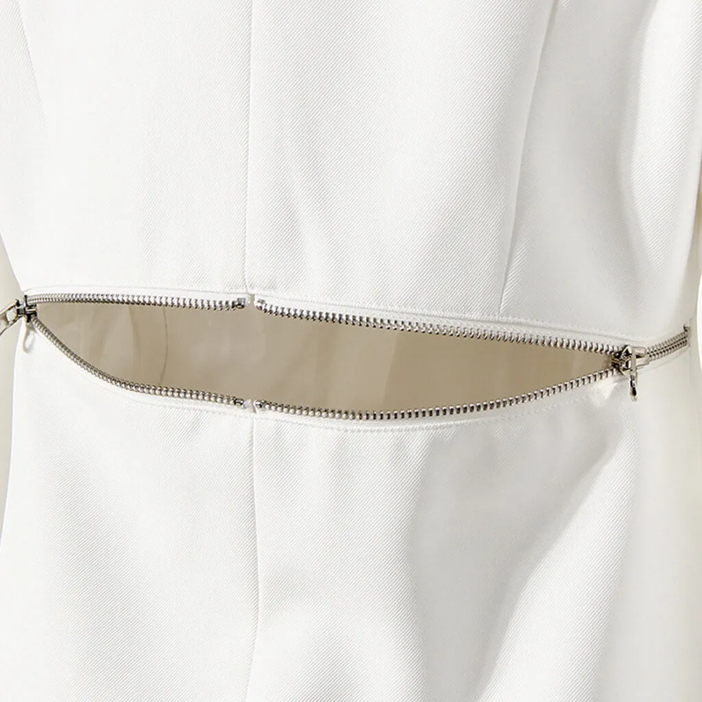 Asymmetric Single Breasted Metal Zip Detail Long Sleeve Lapel Collar Blazer