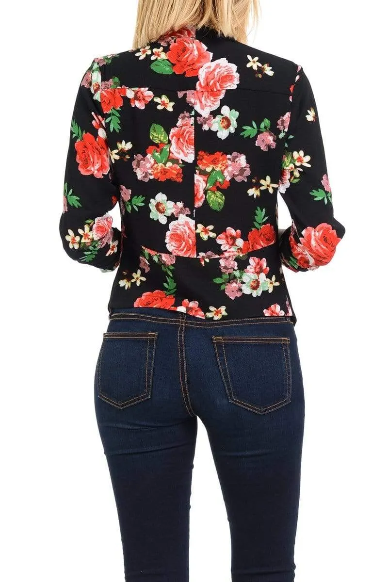 Auliné Collection Womens Casual Lightweight 3/4 Sleeve Fitted Open Blazer Floral Print Plus Size