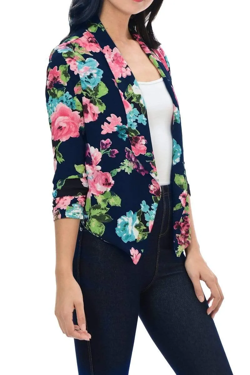 Auliné Collection Womens Casual Lightweight 3/4 Sleeve Fitted Open Blazer Floral Print Plus Size