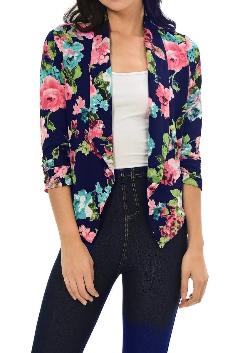 Auliné Collection Womens Casual Lightweight 3/4 Sleeve Fitted Open Blazer Floral Print Plus Size