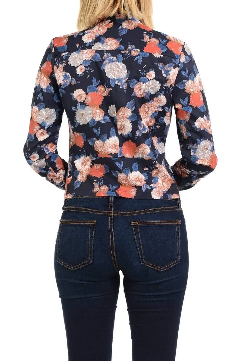 Auliné Collection Womens Casual Lightweight 3/4 Sleeve Fitted Open Blazer Floral Print Plus Size
