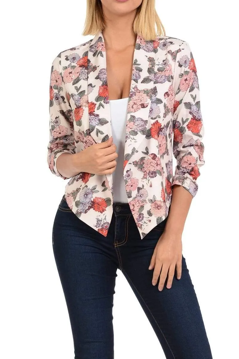Auliné Collection Womens Casual Lightweight 3/4 Sleeve Fitted Open Blazer Floral Print Plus Size