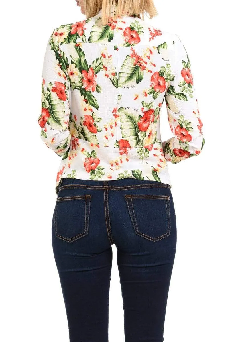 Auliné Collection Womens Casual Lightweight 3/4 Sleeve Fitted Open Blazer Floral Print Plus Size