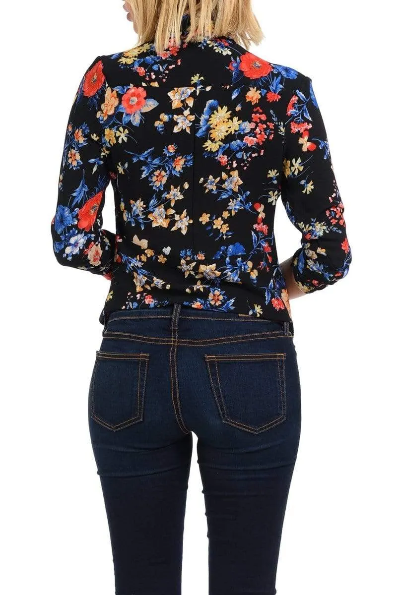 Auliné Collection Womens Casual Lightweight 3/4 Sleeve Fitted Open Blazer Floral Print Plus Size