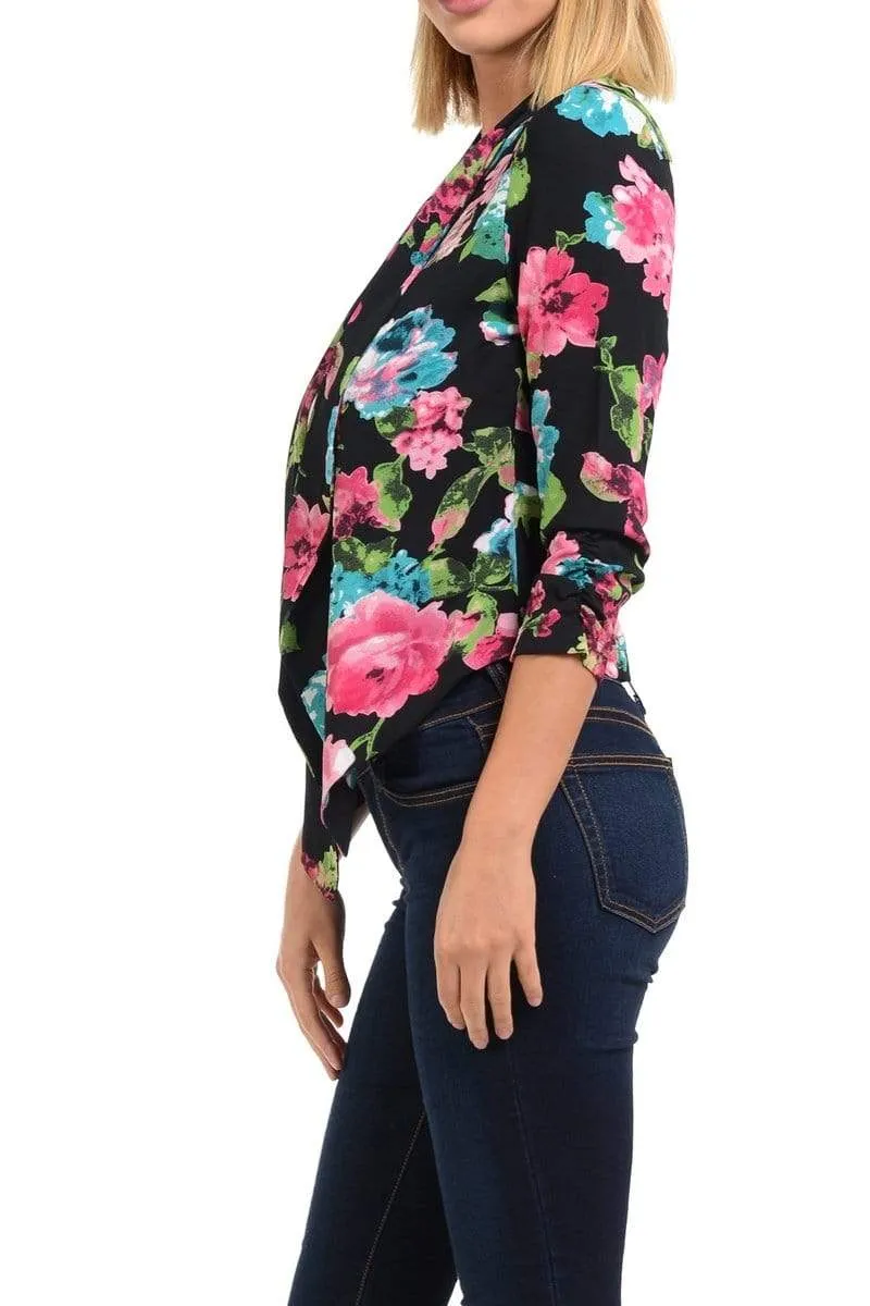 Auliné Collection Womens Casual Lightweight 3/4 Sleeve Fitted Open Blazer Floral Print Plus Size
