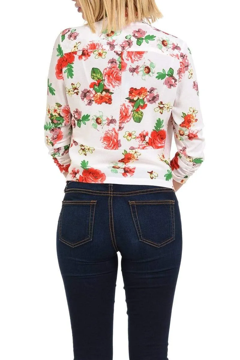 Auliné Collection Womens Casual Lightweight 3/4 Sleeve Fitted Open Blazer Floral Print Plus Size