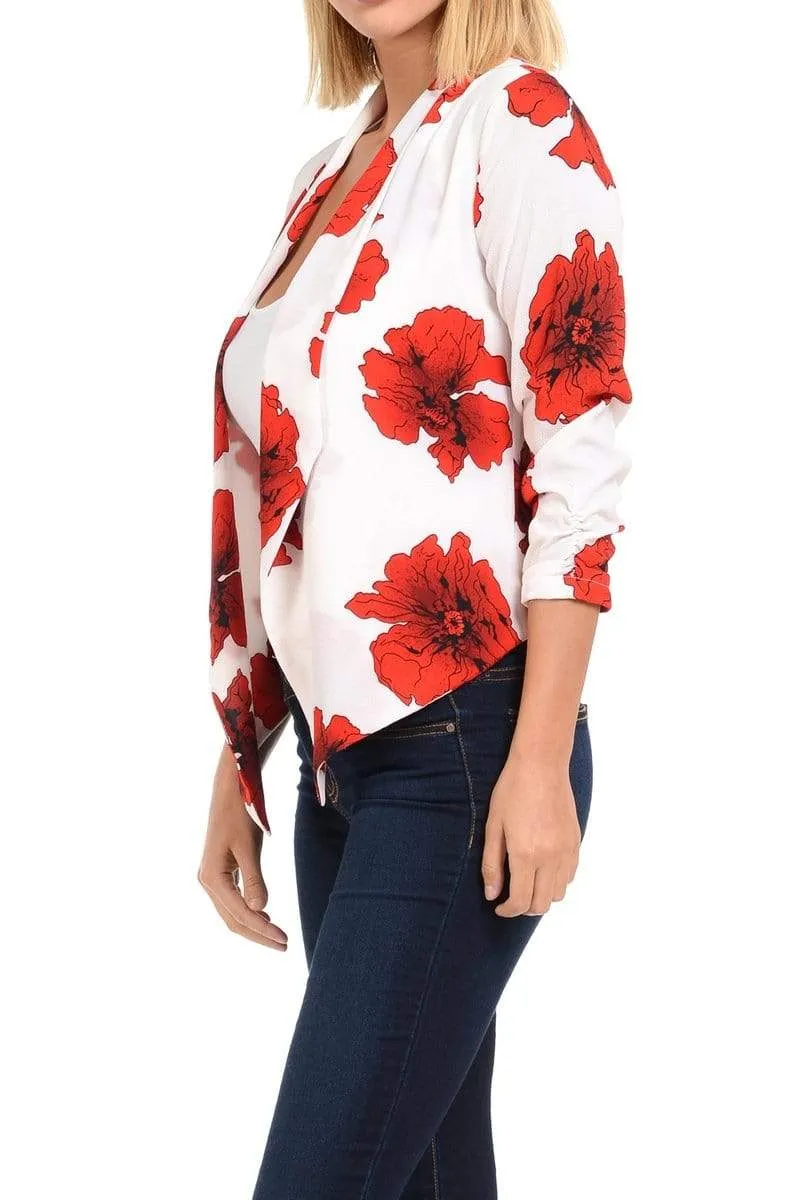 Auliné Collection Womens Casual Lightweight 3/4 Sleeve Fitted Open Blazer Floral Print Plus Size