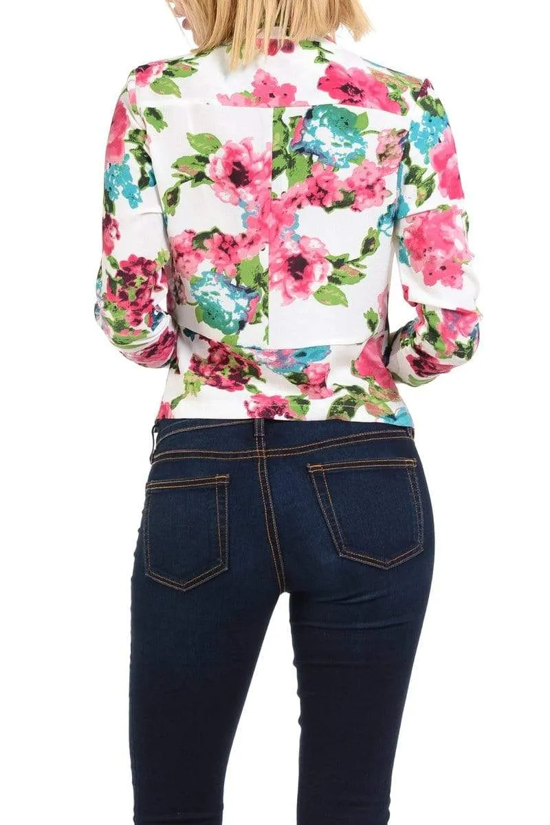 Auliné Collection Womens Casual Lightweight 3/4 Sleeve Fitted Open Blazer Floral Print Plus Size