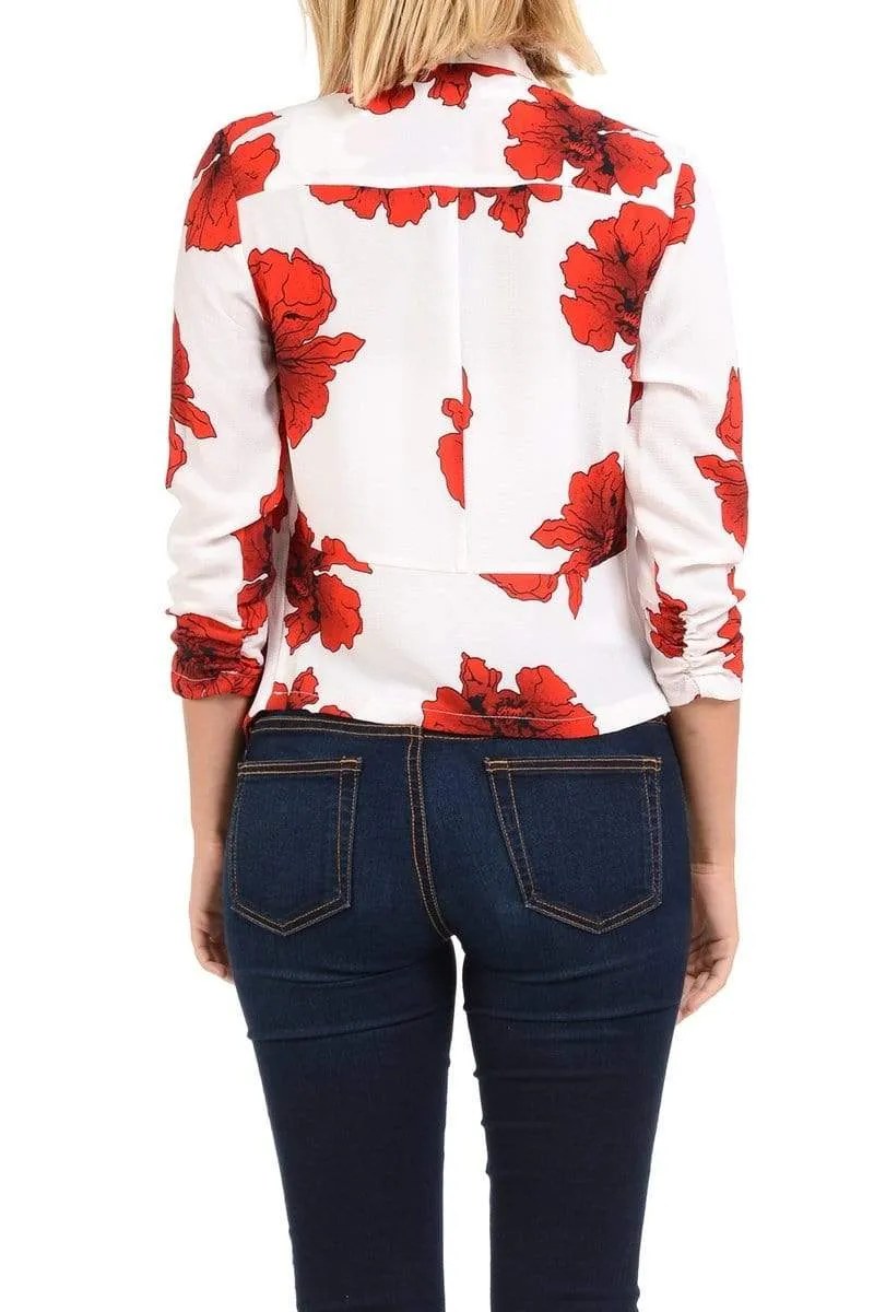 Auliné Collection Womens Casual Lightweight 3/4 Sleeve Fitted Open Blazer Floral Print Plus Size