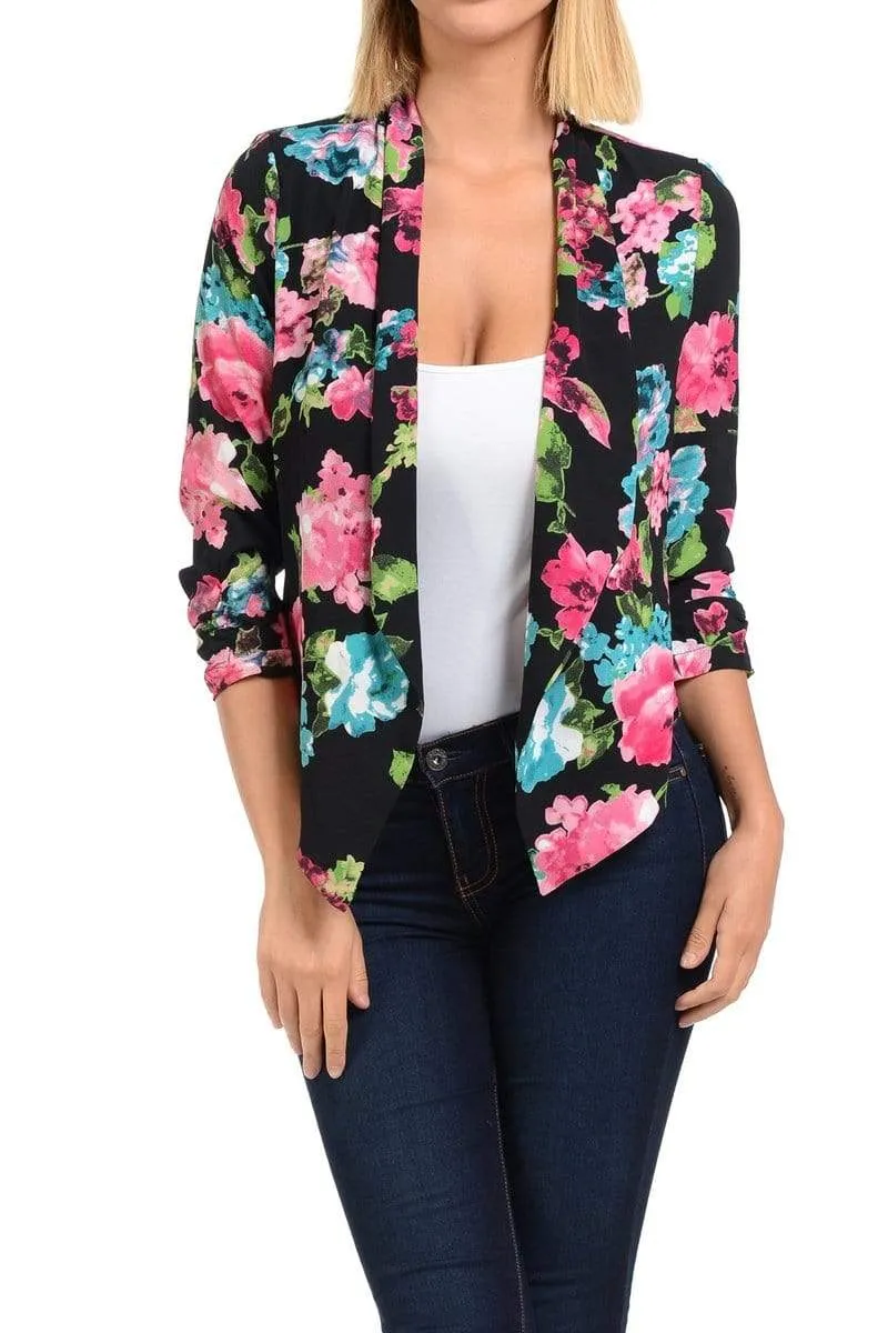 Auliné Collection Womens Casual Lightweight 3/4 Sleeve Fitted Open Blazer Floral Print Plus Size