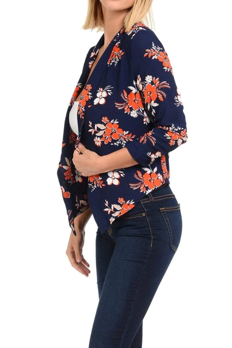 Auliné Collection Womens Casual Lightweight 3/4 Sleeve Fitted Open Blazer Floral Print Plus Size