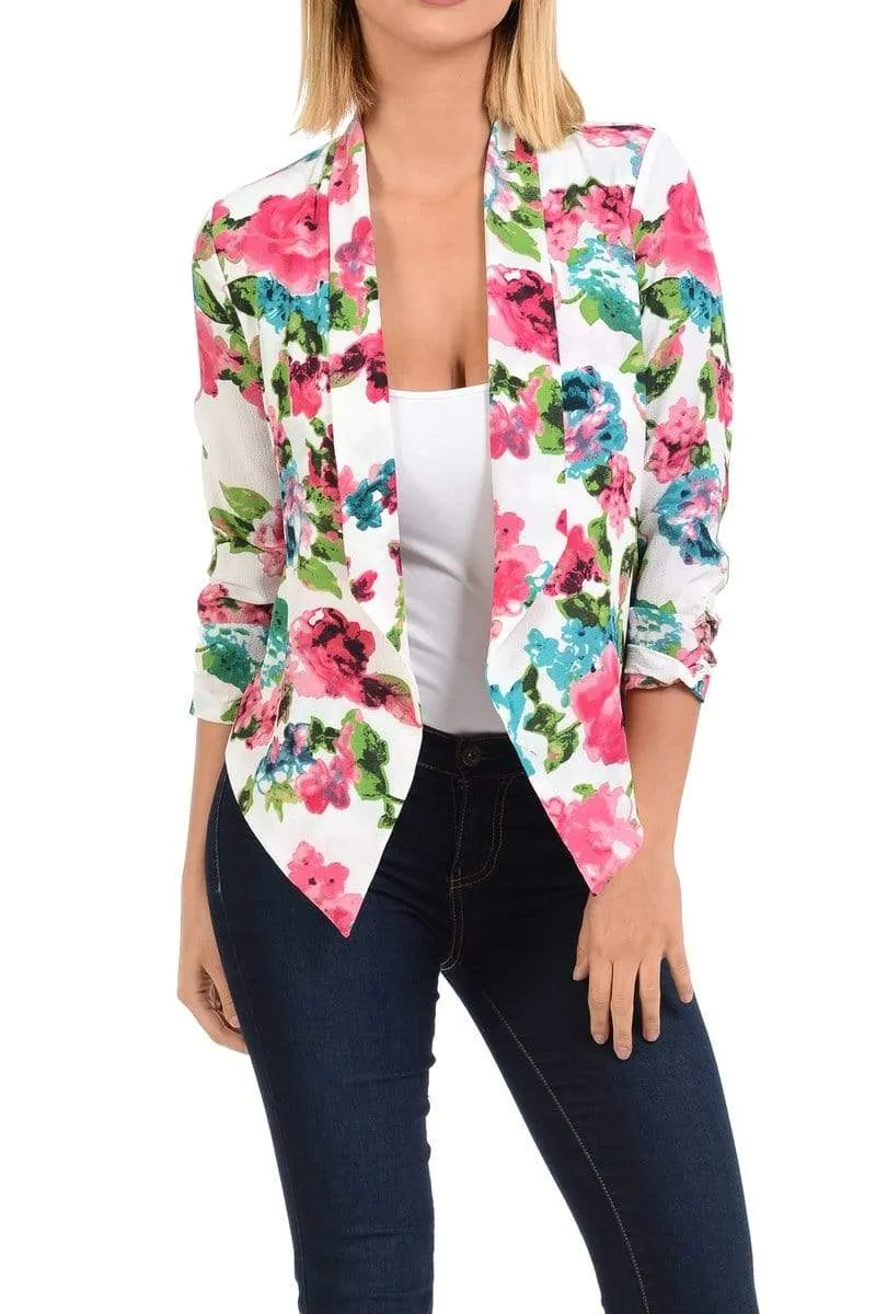 Auliné Collection Womens Casual Lightweight 3/4 Sleeve Fitted Open Blazer Floral Print Plus Size