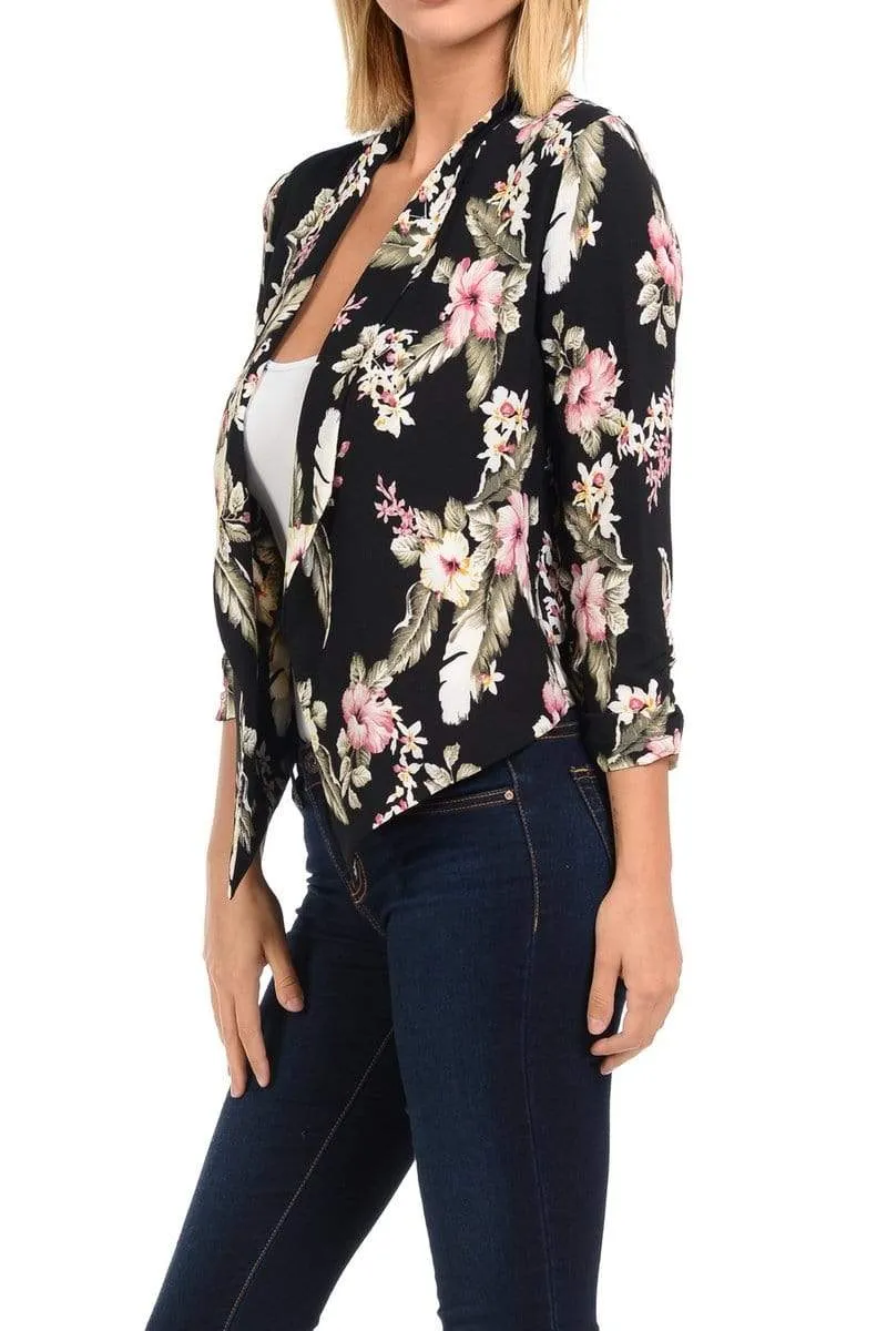 Auliné Collection Womens Casual Lightweight 3/4 Sleeve Fitted Open Blazer Floral Print Plus Size