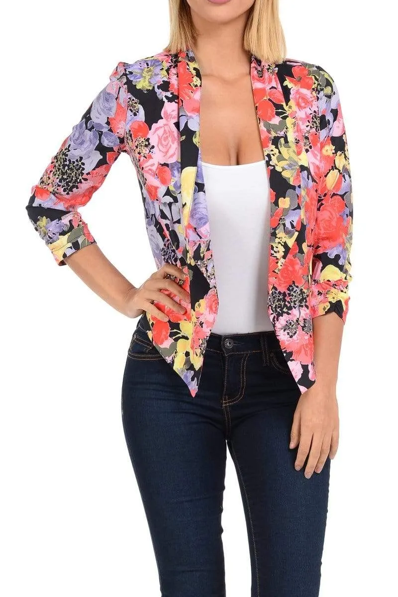 Auliné Collection Womens Casual Lightweight 3/4 Sleeve Fitted Open Blazer Floral Print Plus Size