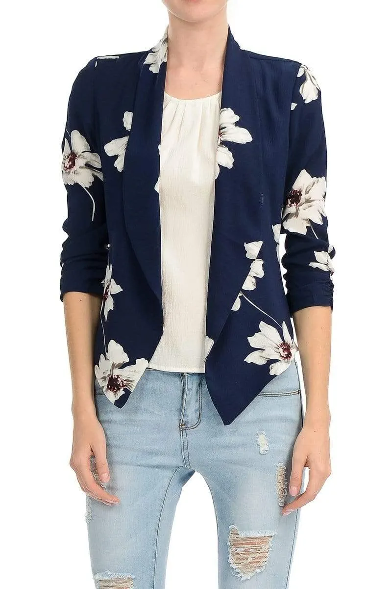 Auliné Collection Womens Casual Lightweight 3/4 Sleeve Fitted Open Blazer Floral Print Plus Size