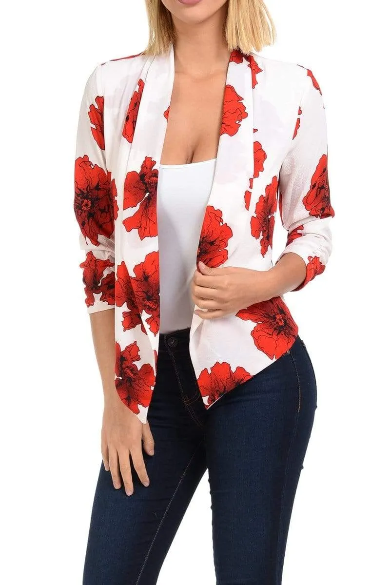Auliné Collection Womens Casual Lightweight 3/4 Sleeve Fitted Open Blazer Floral Print Plus Size
