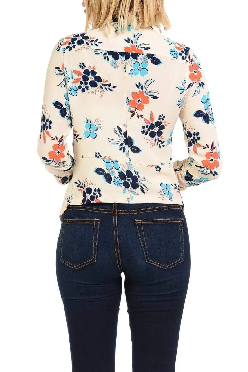 Auliné Collection Womens Casual Lightweight 3/4 Sleeve Fitted Open Blazer Floral Print Plus Size