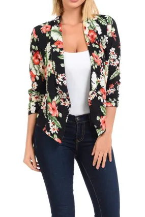 Auliné Collection Womens Casual Lightweight 3/4 Sleeve Fitted Open Blazer Floral Print Plus Size