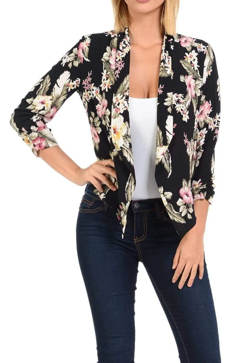 Auliné Collection Womens Casual Lightweight 3/4 Sleeve Fitted Open Blazer Floral Print Plus Size