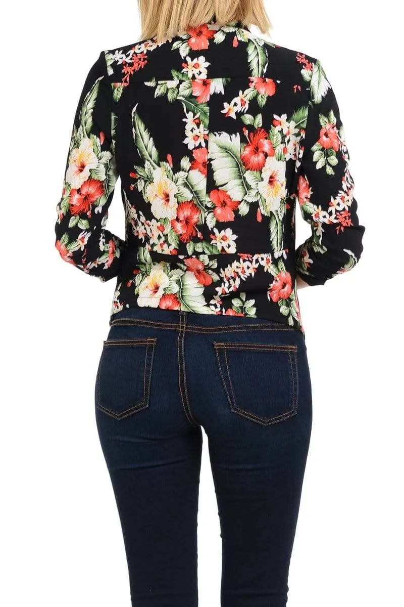 Auliné Collection Womens Casual Lightweight 3/4 Sleeve Fitted Open Blazer Floral Print Plus Size