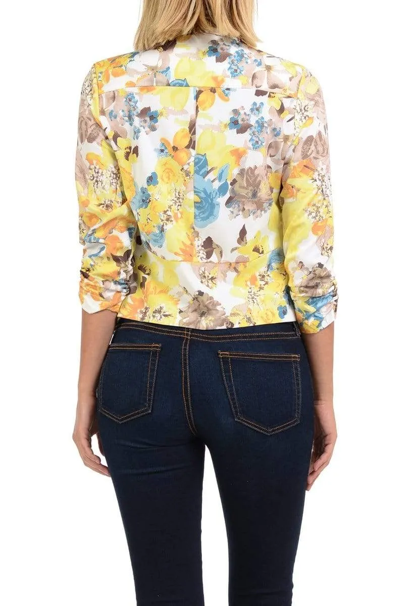 Auliné Collection Womens Casual Lightweight 3/4 Sleeve Fitted Open Blazer Floral Print Plus Size