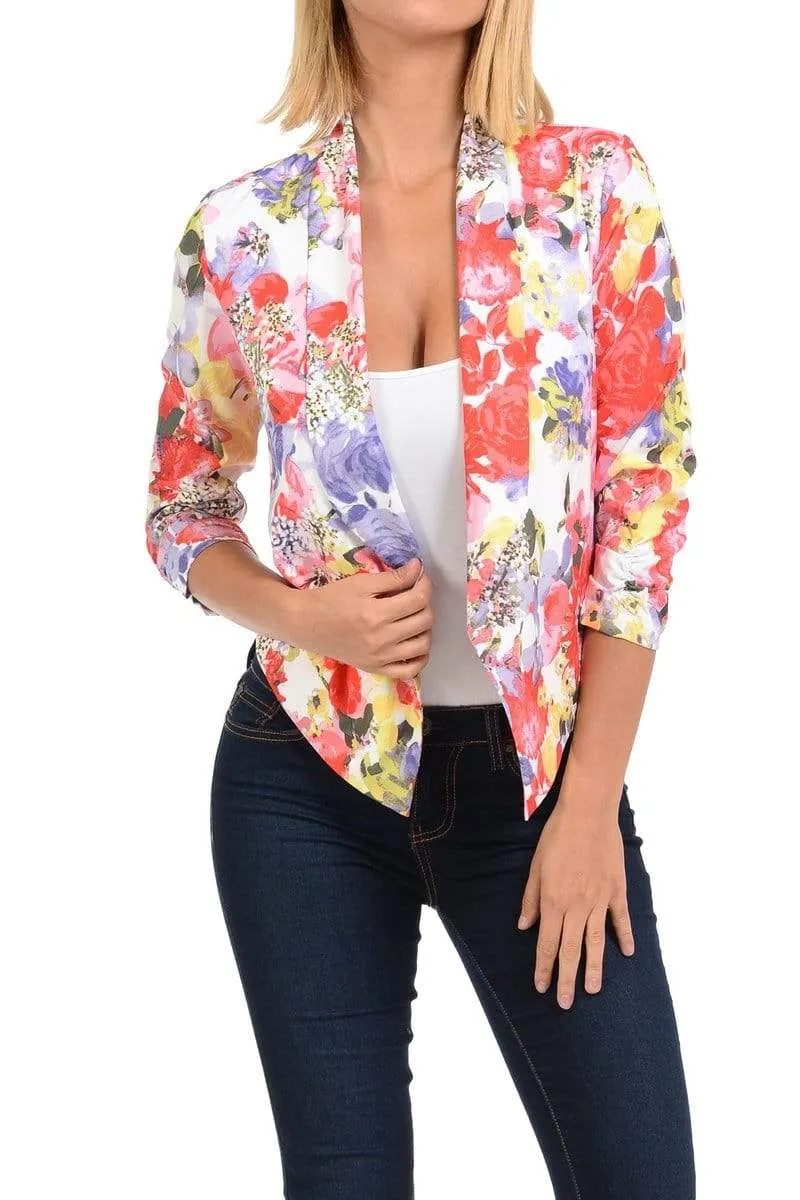 Auliné Collection Womens Casual Lightweight 3/4 Sleeve Fitted Open Blazer Floral Print Plus Size