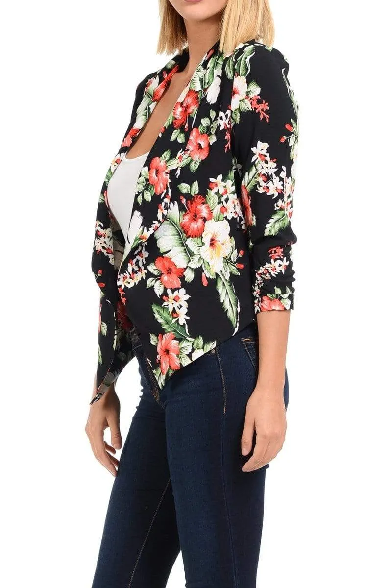Auliné Collection Womens Casual Lightweight 3/4 Sleeve Fitted Open Blazer Floral Print Plus Size