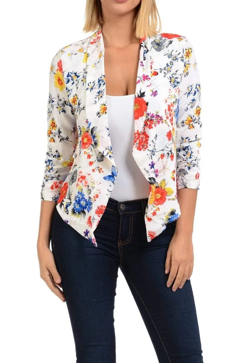 Auliné Collection Womens Casual Lightweight 3/4 Sleeve Fitted Open Blazer Floral Print Plus Size