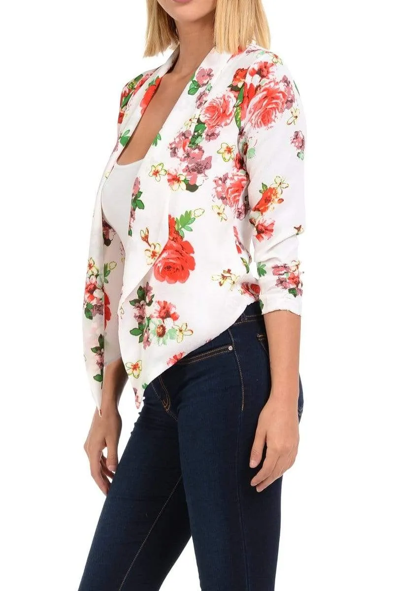 Auliné Collection Womens Casual Lightweight 3/4 Sleeve Fitted Open Blazer Floral Print Plus Size