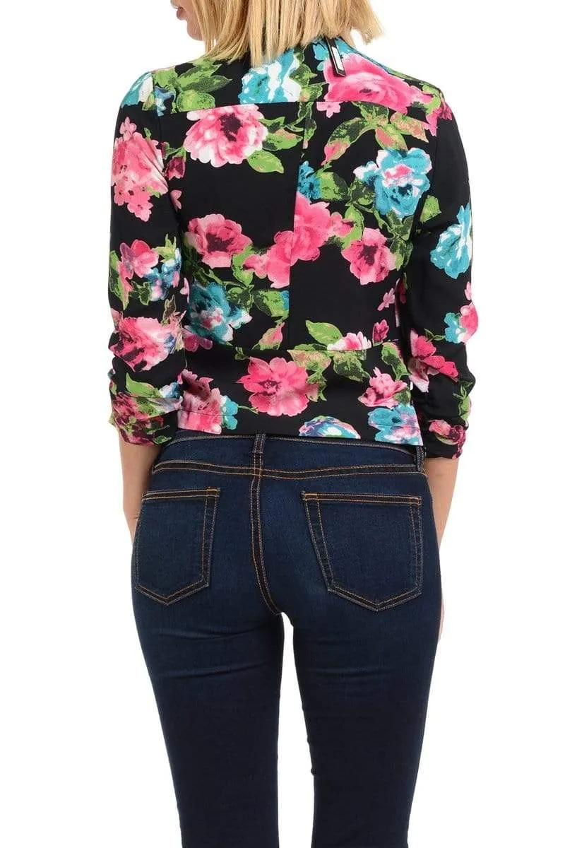 Auliné Collection Womens Casual Lightweight 3/4 Sleeve Fitted Open Blazer Floral Print Plus Size