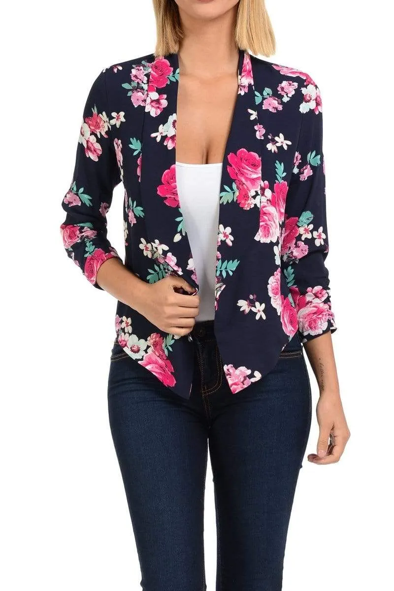 Auliné Collection Womens Casual Lightweight 3/4 Sleeve Fitted Open Blazer Floral Print Plus Size
