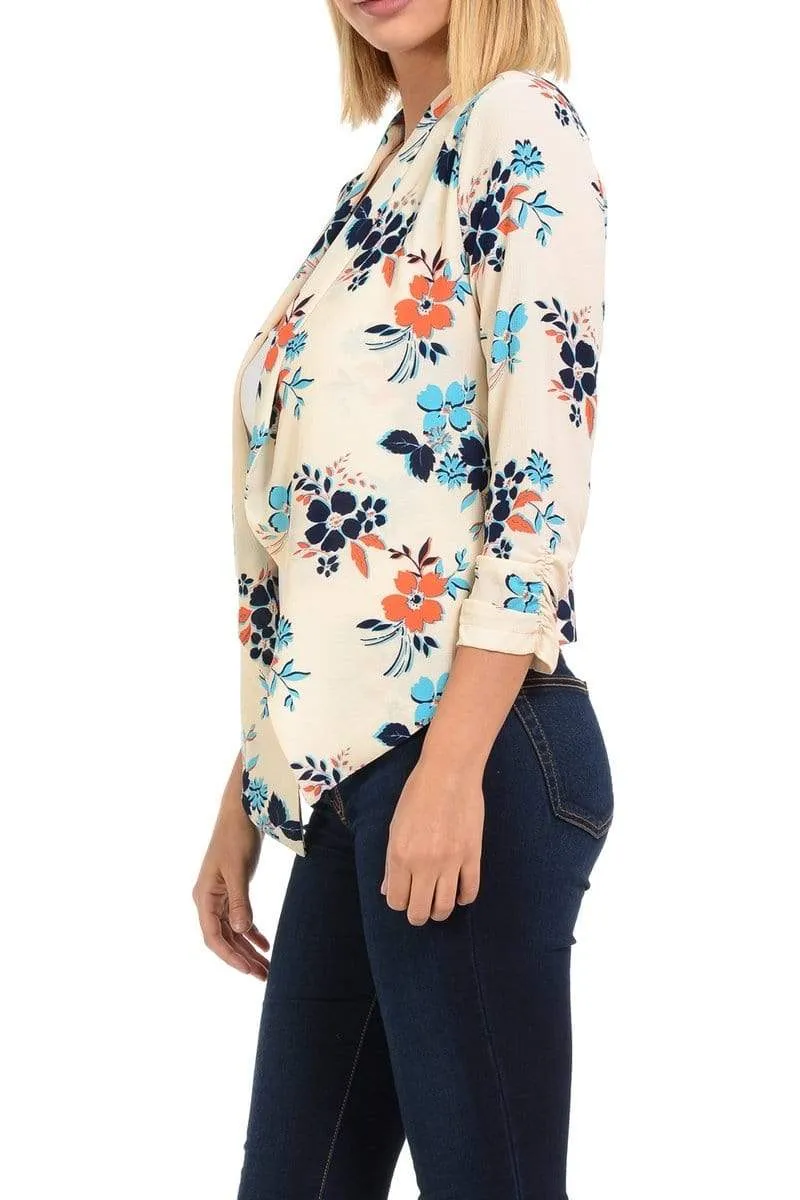 Auliné Collection Womens Casual Lightweight 3/4 Sleeve Fitted Open Blazer Floral Print Plus Size