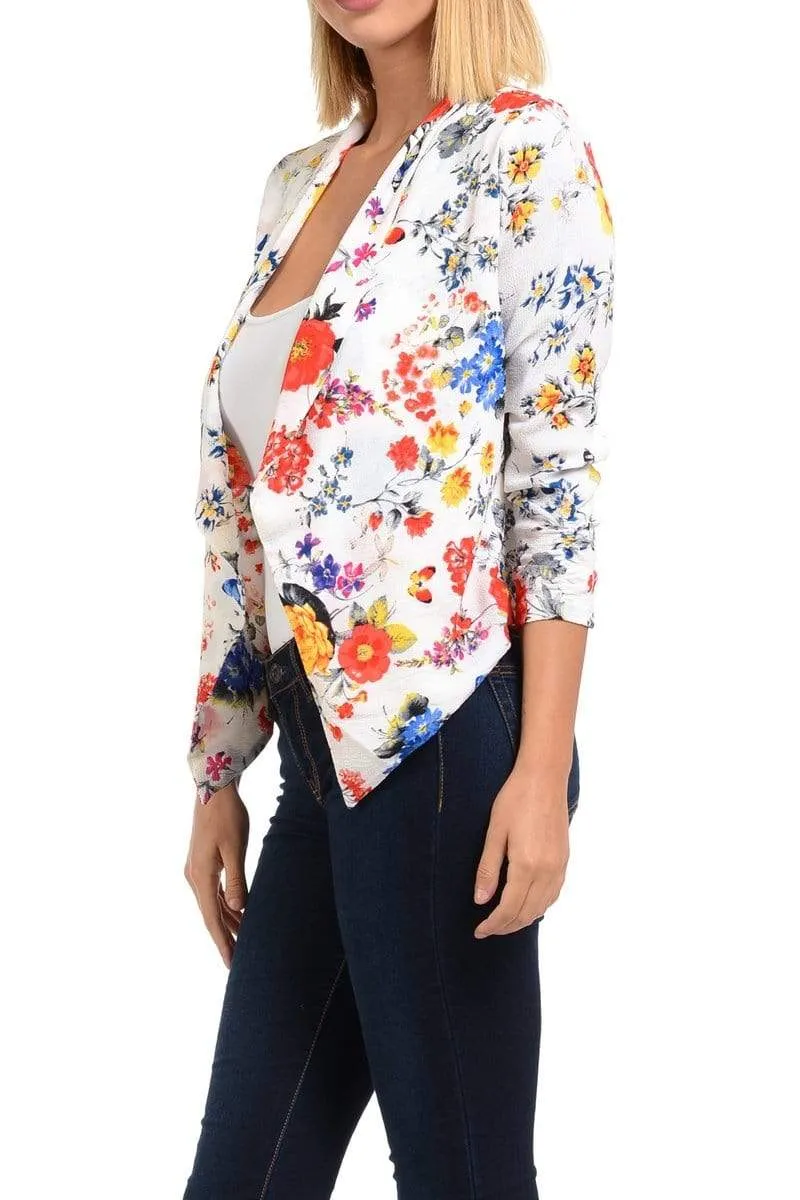 Auliné Collection Womens Casual Lightweight 3/4 Sleeve Fitted Open Blazer Floral Print Plus Size