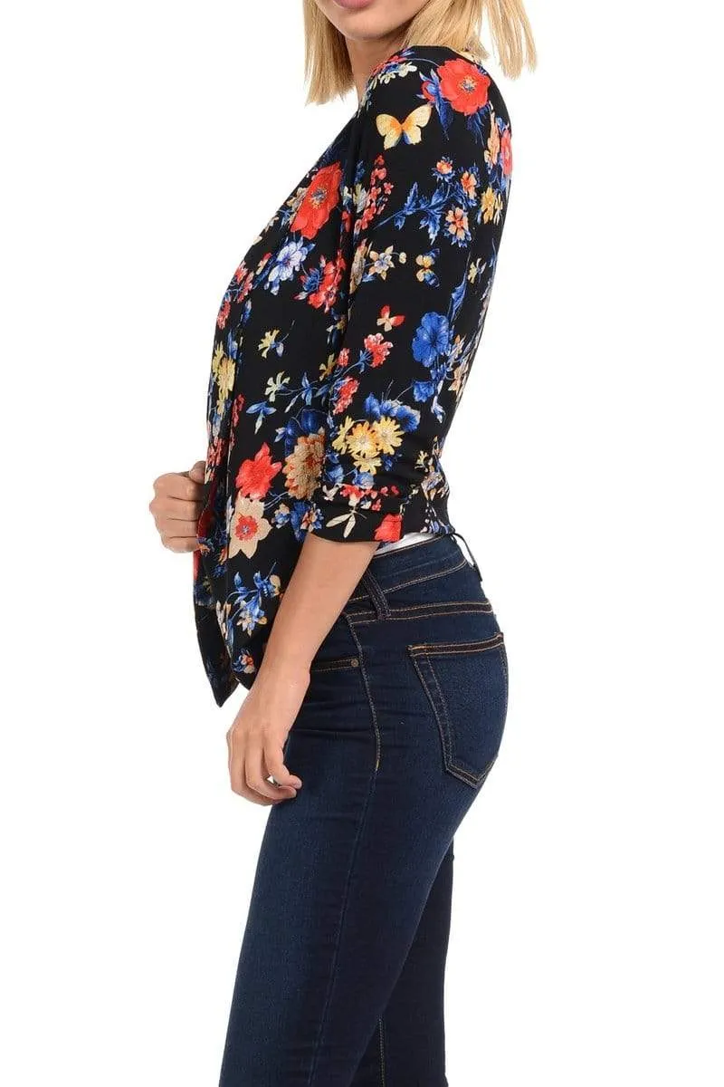 Auliné Collection Womens Casual Lightweight 3/4 Sleeve Fitted Open Blazer Floral Print Plus Size